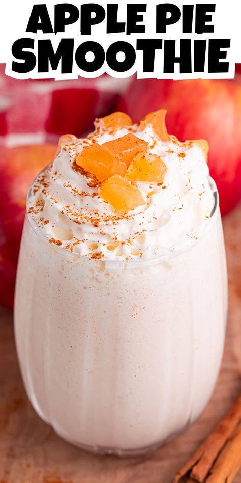 Angled view of apple pie smoothie in a glass.