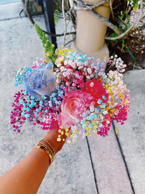 Cute Fake Flower Arrangements, Multicolor Prom Bouquet, 2024 Prom Bouquet, Preppy Flower Bouquet, Diy Bouquet Prom, Colorful Flower Bouquet Prom, Colorful Bouquet Prom, Huge Bouquet Of Roses, Fake Flower Decor Ideas