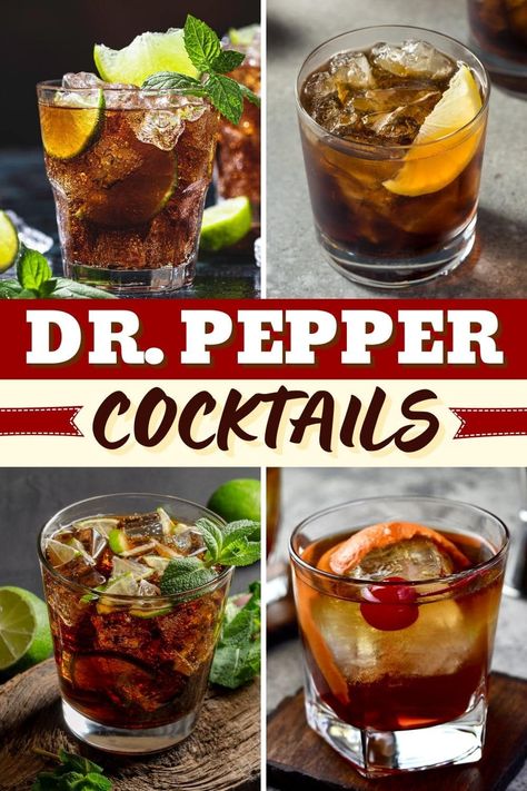 Perfect for parties, get-togethers, or a relaxing night at home, these easy Dr. Pepper cocktails are much more complex than a simple rum and coke. Dr Pepper Liquor Drinks, Whiskey And Dr Pepper, Dirty Doctor Pepper Cocktail, Dr Pepper And Fireball, Amaretto And Dr Pepper, Dirty Dr Pepper Recipe With Cherry Vodka, Dr Pepper And Pickles, Cocktails With Dr Pepper, Strawberry Dr Pepper Cocktail