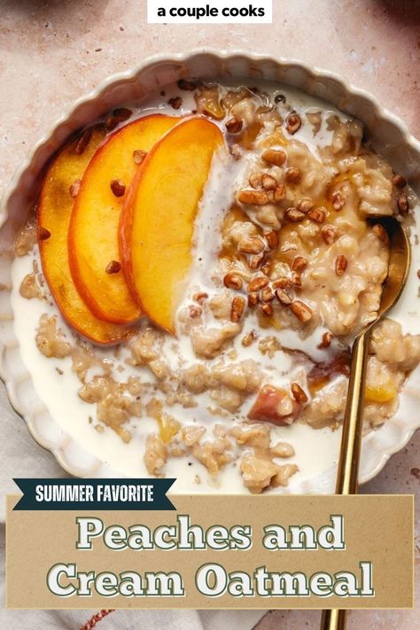 This easy peaches and cream oatmeal is a cozy, comforting breakfast that tastes like pie! It’s one of our favorite easy breakfast ideas, made with fresh or frozen peaches, maple, vanilla, and cinnamon. Peach oatmeal for the win! Fruit Oatmeal Recipes, Canned Peaches Recipes Breakfast, Oatmeal For One Person, Oatmeal With Fresh Fruit, Peach Cobbler Breakfast, Creamy Oatmeal Recipes, Peaches And Cream Breakfast, Peach Breakfast Recipes, Peach Cobbler Oatmeal