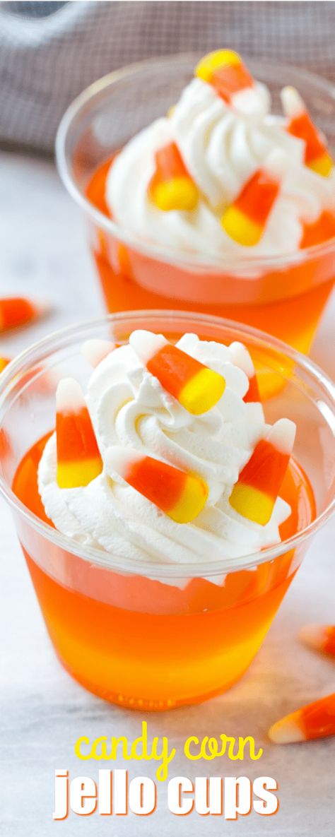 These CANDY CORN JELLO CUPS are an easy make-ahead treat that's perfect for Halloween parties or as a special fall snack! via @realhousemoms Candy Corn Jello, Candy Corn Desserts, Candy Corn Jello Shots, Candy Corn Recipe, Halloween Jello Shots, Halloween Jello, Jello Flavors, Jello Cups, Jello Shot Recipes