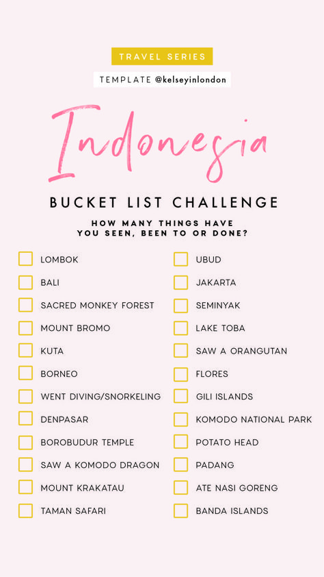 Komodo, Bucket Lists, Bucket List Journal, List Challenges, Buku Skrap, Travel Checklist, Story Templates, Template Instagram, Seminyak