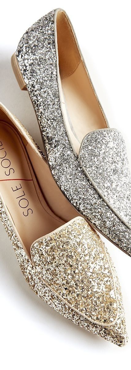 Silver and Gold Flat Sandals Outfit, Silver Flat Shoes, Sequin Flats, Glitter Flats, Strappy Sandals Flat, Studded Heels, Sole Society, Shoe Obsession, Beautiful Shoes