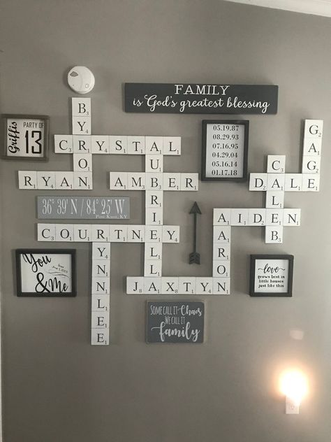 Scrabble Wall Decor, Important Dates Sign, Large Scrabble Tiles, Scrabble Tile Wall Art, Scrabble Wall Art, Scrabble Wall, Wall Groupings, Family Wall Decor, Scrabble Letters