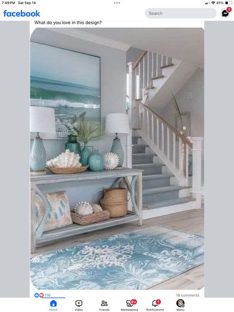 Ocean Theme Living Room, Hamptons Entryway, Beach House Entrance, Entrance Aesthetic, Beach Theme House, Boho Entryway Ideas, Boho Entrance, Coastal Entryway Ideas, Modern Coastal Living Room Ideas