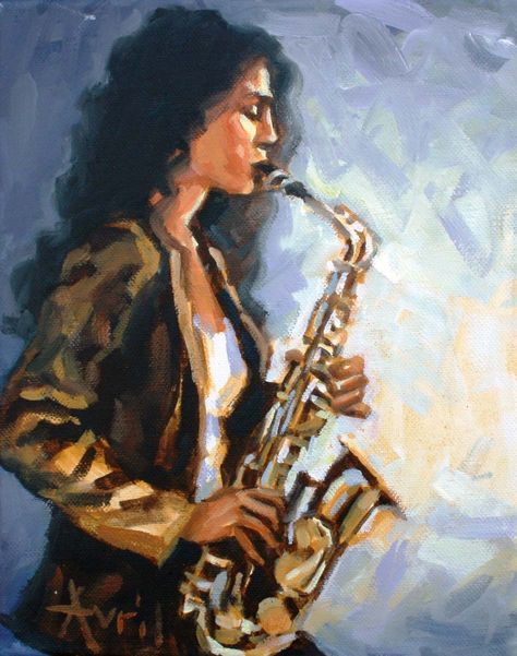 Avril Hattingh Woman Playing Saxophone, Baritone Saxophone Aesthetic, Sax Aesthetic, Piano Portraits, Music Painting Ideas, Saxophone Painting, Saxophone Drawing, Saxophone Aesthetic, Saxophone Art