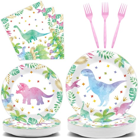 PRICES MAY VARY. Package includes: These pink dinosaur birthday party supplies contain 24pcs 9inch pink dino party plates, 24pcs 7inch dessert plates, 24pcs 6.5inch girl dinosaur party napkins and 24pcs pink forks, enough quantity to serve 24 guests. Adorable design: Our girls dinosaur birthday party tableware set is designed in different cute dinosaur patterns and vibrant colors, the pink dino party decorations will surely add a joyful touch to your events and make your party more fun. Reliable Dinosaur Party Plates, Girls Dinosaur Birthday, Party Plates And Napkins, Dino Party Decorations, Dinosaur 1st Birthday, Girl Dinosaur Party, Dinosaur Patterns, Watercolor Dinosaur, Birthday Plates