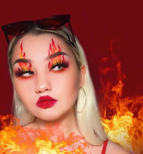 Diy Flame Costume, Fire Makeup Ideas, Fire Makeup Look Easy, Fire Themed Makeup, Fire Halloween Makeup, Hot Cheetos Costume, Crazy Eye Makeup Creative, Firefighter Makeup, Fire Makeup Halloween