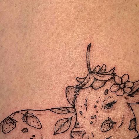 Strawberry Cow Tattoo, Baby Cow Tattoo, Cute Cow Tattoo, Cow Tattoo Small, Cow Tattoos, 2023 Words, Cute Simple Tattoos, Cow Tattoo, Girl Goals