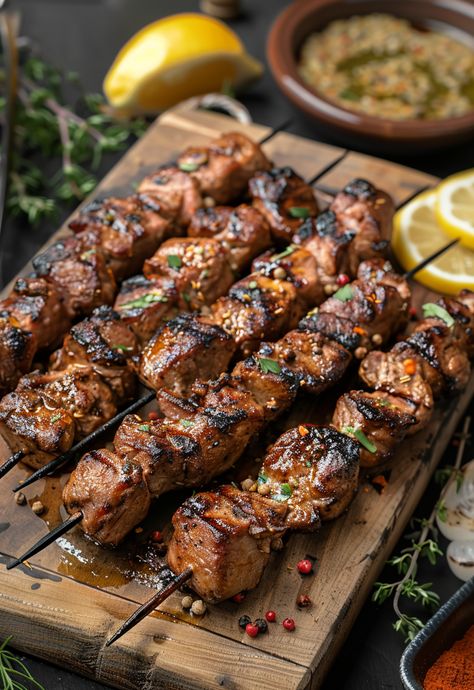 Learn How to Cook Skewer Recipe For Free | Recipes You'll Love, Made Easy! Essen, Meat Skewers Appetizers, Butcher Photography, Skewers On The Grill, Grilled Pork Skewers, Bbq Photography, Bbq Kabobs, Dinner Photography, Grilled Pork Loin