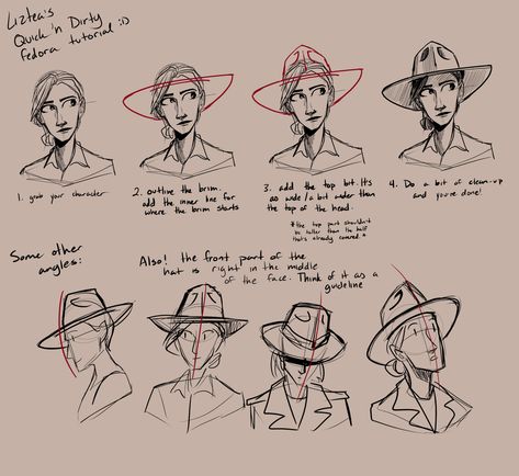 Wearing A Hat Drawing Reference, Fedora Hat Reference, How To Draw Fedora Hat, Fedora Art Reference, How To Draw Top Hat, Character With Hat Drawing, Cowboy Hat Art Reference, Big Hat Drawing Reference, Top Hats Drawing