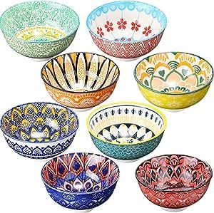 these small dessert bowls contains 8 bowls with different patterns and colors, these fun soup bowls are bright, vibrant and refreshing in their vibrant colors and patterns, they will set your table in a different look Colorful Plates And Bowls, Oatmeal Microwave, Ramen Rice, Snack Salad, Ceramic Bowl Set, Porcelain Kitchen, Rice Desserts, Noodles Soup, Cream Pasta