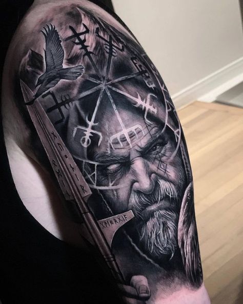 Odin Tattoo, Thor Tattoo, Shoulder Armor Tattoo, Warrior Tattoo Sleeve, Viking Warrior Tattoos, Norse Mythology Tattoo, Viking Tattoo Sleeve, Catrina Tattoo, Vikings Tattoo