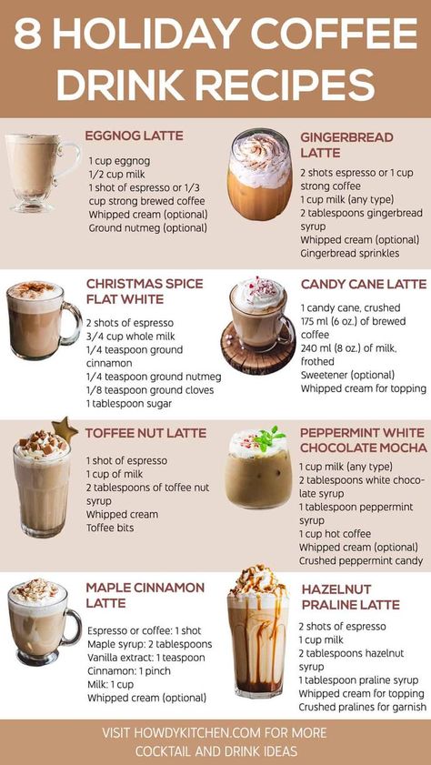 Holiday coffee drink recipes including Toffee Nut Latte, Maple Cinnamon Latte, and Hazelnut Praline Latte offering delicious seasonal flavors for festive mornings or entertaining guests. Warm Drinks For Winter, Holiday Coffee Drinks, Drinks For Winter, Warm Drinks Recipes, Coffee Recipes Hot, Hot Coffee Drinks, Hot Winter Drinks, Homemade Coffee Drinks, Hot Drinks Recipes