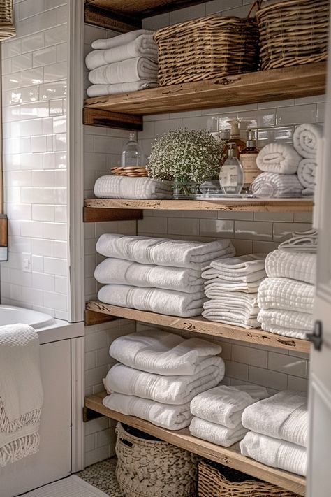 Clever Shelf Ideas for Small Bathroom Storage - Quiet Minimal Lake House Bathroom, Cozy Bathroom, Cottage Bathroom, Bathroom Decor Apartment, Transitional Living, Small Bathroom Storage, Functional Space, Bathroom Inspiration Decor, Transitional Decor