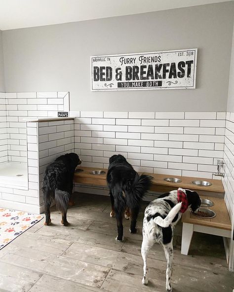 Mandy🌿 on Instagram: “This sign from @denvertodallas was the perfect touch to the dog room. They make the best custom signs in all sort of finishes and sizes I…” Indoor Dog Room, Dog Wash Station, Dog Room Design, Dog Boarding Ideas, Dog Station, Boarding Kennels, Dog Boarding Kennels, Dog Backyard, Dog Room Decor