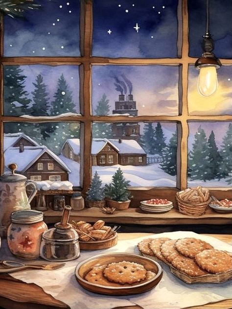 Homemade Gift Baskets, Baba Jaga, 달력 디자인, Snowy Scene, Winter Window, Storybook Art, Handmade Christmas Crafts, Winter Illustration, Pub Decor