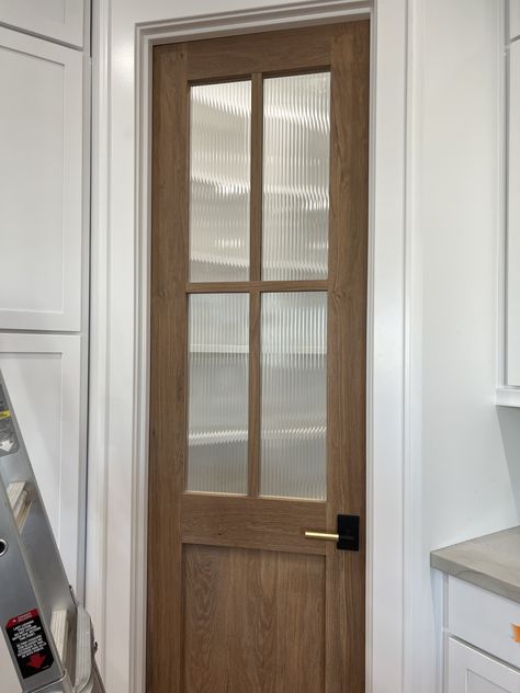 Kitchen To Laundry Room Door, Pantry Door Gold Hardware, Pantry Door Swinging, Pantry Door Mid Century, Panty Doors Kitchens, French Back Door, Double Doors Into Bathroom, Clear Glass Pantry Door, Ribbed Glass Pantry Door