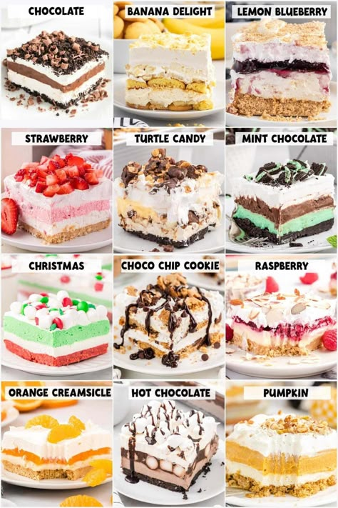 Looking for a simple showstopping dessert? These Dessert Lasagna Recipes are filled with delicious layers of your favorite sweet treats. There are so many fun flavor combinations of dessert lasagna and you'll love them all! No Bake Dessert Lasagna, Layer Dessert Recipes, Cookie Lasagna, Layered Dessert Recipes, Lasagna Dessert, Chocolate Lasagna Recipe, Layer Dessert, Dessert Lasagna, Easy Puddings