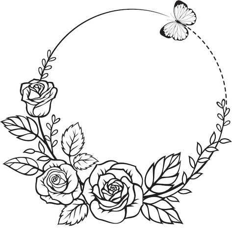 Circle Rose Drawing, Rose Graphic Design Illustration, Roses Graphic Design, Graphic Circle Design, Rose Border Drawing, Rose Wreath Drawing, Floral Frame Drawing, Roses Border Design, Rose Border Design