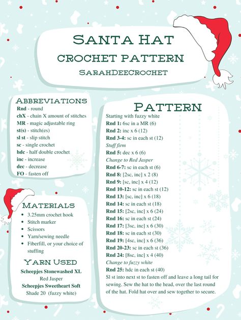 Santa Hat Crochet Pattern – SarahDee Crochet Crochet Santa Hat Free Pattern, Santa Hat Crochet Pattern, Christmas Crochet Ideas, Crochet Santa Hat Pattern, Santa Hat Crochet, Beginner Scarf, Scarf Crochet Patterns, Free Christmas Crochet, Crochet Patterns Beginner