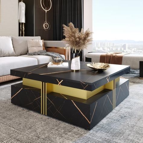 Square Storage Coffee Table with 4 Drawers - Bed Bath & Beyond - 40373356 Black Center Table, Modern Centre Table Designs, Black Coffee Table, Storage Coffee Table, Centre Table, Living Room Organization, Sintered Stone, Cool Coffee Tables, Wood Drawers