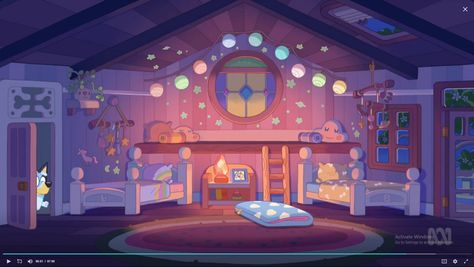 why is the bedroom so cool im literally gonna decorate my god damn room like this istg Bluey Cartoon Wallpaper Desktop, Bluey Scene, Bluey's House, Bluey Scenes, Bluey Stuff, The Sleepover, Bluey And Bingo, Bedroom Drawing, House Cartoon