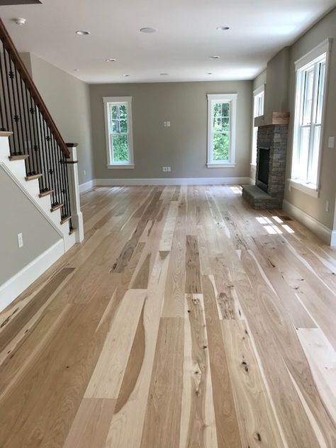 Character grade wide plank hickory flooring finished with a bona woodline. Hickory Flooring Wide Plank, Hickory Floors Wide Plank, Hickory Floors Living Room, Hickory Floor, Hickory Floors, Hickory Wood Floors, Engineered Floors, Hickory Hardwood Floors, Hardwood Floor Colors