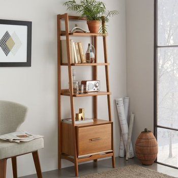 Vertical Storage Ideas, Shelving Mid Century Bookshelf, Wide Bookshelf, Narrow Bookshelf, 60s Furniture, Wall Desk, Ladder Shelf, Chaise Design, Book Shelf, Mid Century Furniture