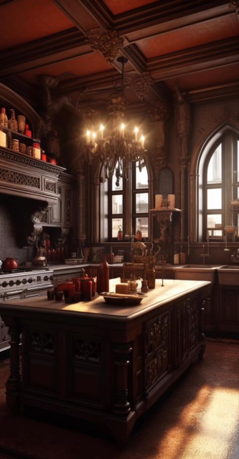 Vampire Victorian House, Haunted Mansion Kitchen, Vampire Kitchen Aesthetic, Goth Victorian Kitchen, Creepy Kitchen Aesthetic, Dark Academia Interior Design Kitchen, Haunted Room Aesthetic, Gothic Farmhouse Decor Kitchen, Dark Academia Aesthetic House Interior