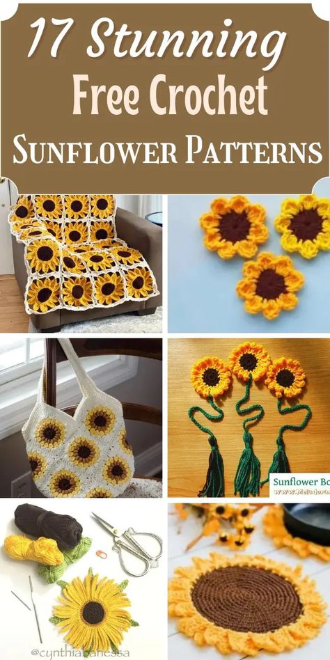 Try these crochet free sunflower patterns today. You will find everything from crochet sunflower bags, crochet sunflower keychains, sunflower blankets, and sunflower coasters. Crochet| Crochet Flower Pattern| Crochet Project| Free Crochet Sunflower, Crocheting Easy, Crochet Sunflowers, Crochet Flower Granny Square Pattern, Crochet Trendy, Sunflower Coasters, Coasters Crochet, Sunflower Crafts, Crochet Bracelet Pattern