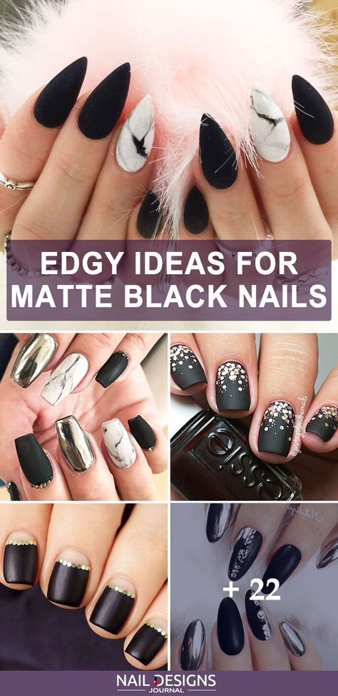 We thought that a matte and edgy can go hand in hand, especially if we have black hues in mind. That is why we present to your attention an extraordinary compilation of ideas to pull off black and matte combo so that it looks stylish and far from being boring. #nails #nailart #naildesign #mattenails #Embrace #Style #Jewelry #the #Free #Exploring #Boho #Accessories #Your #Spirit #StatementJewelry #with #Accessories #Bohemian Black Nails With White Accent Nail, Black Finger Nail Designs, Black Matte Nails With Glossy Design, Black Gel Nails Short Art Designs, Matte Black Almond Nails Design, Matte Black And Gold Nail Ideas, Matte Black And Silver Nails, Fall Black Nail Designs, Black On Black Nail Designs