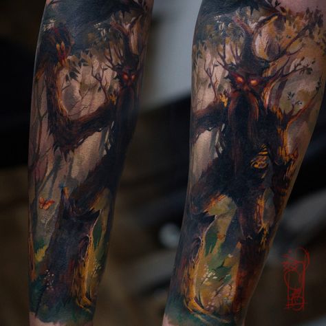 ent by black-3G-raven on @DeviantArt Watercolor Tattoo Tree, Ring Tattoo Designs, Lotr Tattoo, Rings Tattoo, Lord Of The Rings Tattoo, Forearm Sleeve, Tattoo Zeichnungen, Forearm Sleeve Tattoos, Tree Tattoo Designs