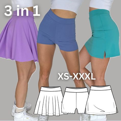 Some facts about the pattern: This sewing pattern gives you three options in one: sports shorts, an a-line skort (a skirt with shorts), and a circle skort! Just one purchase gets you all three! 🤩 Easy to use for beginners, with clear instructions and video guides. Comes in seven sizes with seam allowance included. Athletic Skirt Sewing Pattern, Athletic Sewing Patterns, Activewear Sewing Patterns, Skort Sewing Patterns Free, Short Patterns Sewing Free, Short Skirt Pattern, Shorts Free Pattern, Skort Sewing Pattern, Sewing Spandex