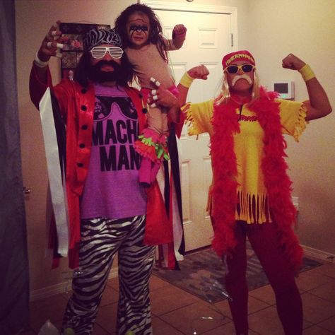 WWE - Macho Man Randy Savage, Ultimate Warrior, and Hulk Hogan Wwe Family Halloween Costumes, Diy Macho Man Randy Savage Costume, 80s Wrestlers Costume, Wrestling Family Costumes, Wwe Family Costumes, Wwe Couples Costumes, Hulk Hogan And Macho Man Costume, Hulk Hogan Costume Women, Wwe Halloween Costumes