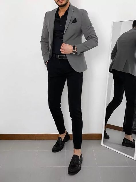 Man Dressing Style Formal, Freshers Party Outfit, Black Pants Outfit Men, Outfit Ideas For Guys, Suits For Guys, Court Outfit, Freshers Party, Denim Shirt Outfit, Black Pants Outfit