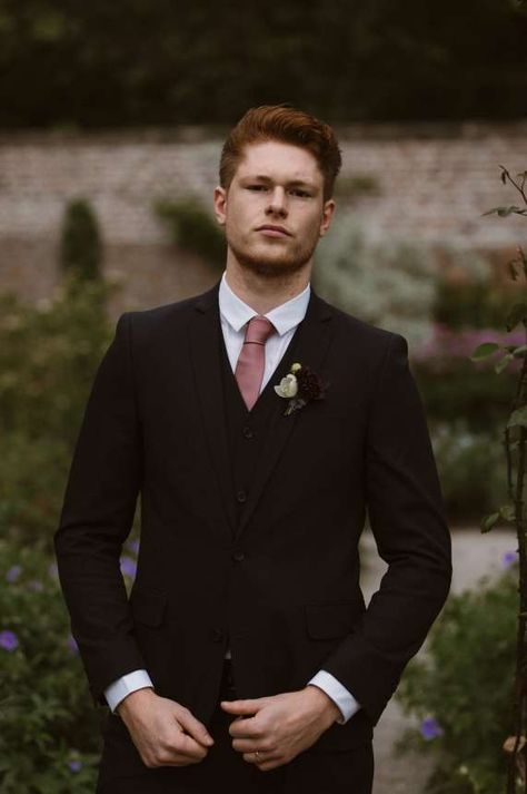 Black suit + white shirt + dusky pink tie. Images by Agnes Black #groom #groomsmen #groomstyle #suit #suitandtie Tie On Black Suits, Groom Black Suit Pink Tie, Groomsmen Black Suit Pink Tie, Black Suit Pink Tie Wedding, Black Tux With Pink Tie, Pink Tie Suit, Black Suit With Pink Tie, Black Suit Pink Tie, Black Suit Pink Shirt