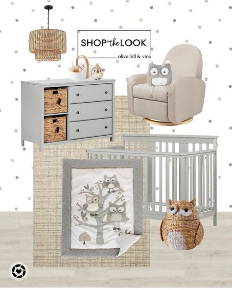 Craft a serene neutral owl-themed nursery with a recliner swivel glider chair for cozy snuggles, a practical white plastic caddy with a wood handle for organized baby necessities, and a 3-drawer dresser with baskets in open shelving. Enhance the charming atmosphere with a convertible crib, a woven owl-shaped basket, a round woven chandelier, polka dot wallpaper, a wool and jute rug, and delightful owl accents, including a figurine and a plush owl bedding set. Shop the look! Owl Nursery Ideas, Owl Themed Nursery, Owl Bedding, Baby Table, Nursery Decor Inspiration, Polka Dots Wallpaper, Swivel Glider Chair, Owl Plush, Owl Nursery