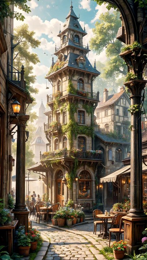 Fantasy Cottage Concept Art, Art Cottage, Fantasy Town, Town Building, Fairytale Cottage, Scenery Pictures, Fantasy City, Cottage House, Fantasy Places