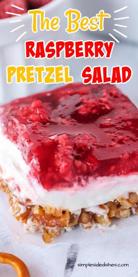 This Raspberry Pretzel Jello Salad is my favorite mix of tart berries, no bake cheesecake, and a perfectly salty pretzel crust. You will love the flavors in this dish! Raspberry Jello Recipes, Raspberry Pretzel Jello, Pretzel Jello Salad, Raspberry Pretzel Salad, Raspberry Jello Salad, Pretzel Salad Recipe, Pretzel Jello, Jello Pretzel Salad, Raspberry Salad