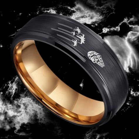 Star Wars Millenium Falcon Wedding Band Darth Vader Wedding | Etsy Star Wars Wedding Band, Star Wars Wedding Ring, Star Wars Engagement, Star Wars Millenium Falcon, Star Wars Engagement Rings, Sci Fi Jewelry, Star Wars Ring, Star Wars Wedding Theme, Nerd Wedding