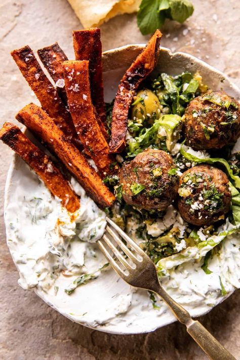 Sheet Pan Greek Meatballs and Tzatziki | halfbakedharvest.com Greek Lemon Meatballs, Sheet Pan Greek Meatballs, Meatballs And Tzatziki, Sweet Potatoes Fries, Lamb Meatballs Greek, Potatoes Fries, Tzatziki Chicken, Oven Baked Meatballs, Half Baked Harvest Recipes