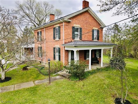 Circa 1851 Historic Brick Farmhouse For Sale W/Outbuildings on 5.4 Acres Ohio $426,000 - Country Life Dreams 1800 Brick Farmhouse, Old Brick Farmhouse Exterior, Old Brick Farmhouse, Porch Sliding Doors, Brick Farmhouse Exterior, Old House Remodel, Brick House Plans, House With Land, Brick Farmhouse