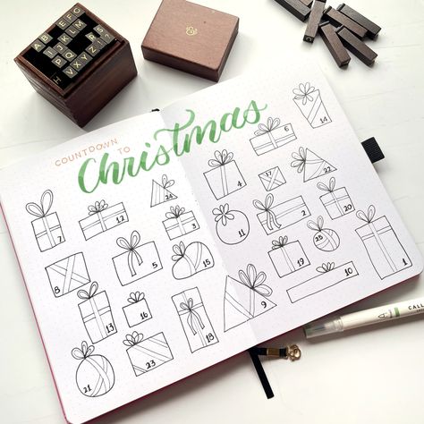 December Bullet Journal Weekly Spread, Bullet Journal Ideas December, December Bullet Journal Calendar, Countdown Till Christmas, December Spread Bullet Journal, Christmas Bullet Journal Pages, Christmas Bullet Journal Ideas, Christmas Bullet Journal, Bullet Journal Christmas Theme