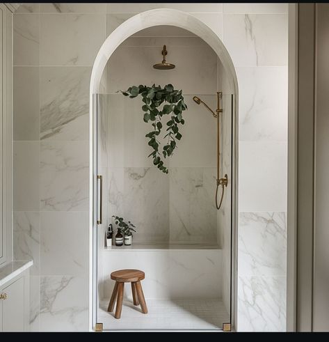 Elevating elegance with every curve ✨ Timeless marble meets modern luxury in this arched shower haven. For more home decor & inspiration, follow me at @StellaDallasInteriors 🤍 . . . . . #InteriorDesign #HomeDecor #InteriorStyling #LuxuryInteriors #TimelessDesign#CoastalDesign #LuxuryLiving #LivableLuxury #TimelessElegance #ModernClassic #SophisticatedStyle #VirtualInteriorDesign #HomeStyling #InteriorDesignConsultation #stelladallasinteriors Master Bathrooms Timeless, Curved Shower Door, Arch In Bathroom, Arch Shower Door, Arch Shower Entry, Arched Shower Opening, Arched Bathroom, Shower Arch, Cosy Bathroom