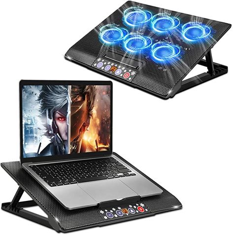 TECHVIDA Gaming Laptop Cooler, Cooler Base Position Fan, Six Silent Fans and LCD Screen, 2500rpm, Blue Led Light, High Speed Wind, Designed for Gamers and Office Use, Suitable for 12-15.6" Laptop Cooling Pad, Laptop Cooler, Blue Led Lights, Gaming Laptop, Data Transmission, Gaming Laptops, Lcd Screen, Cooling Fan, High Speed