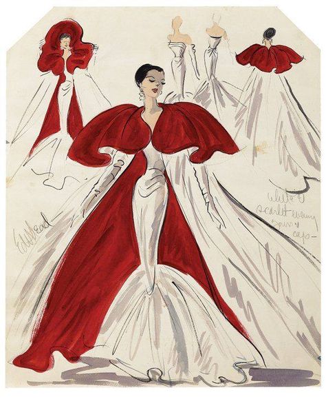 Edith Head Sketches, Edith Head Designs, Vintage Hollywood Fashion, Vintage Fashion Sketches, Women In Red, Istoria Modei, Fashion Design Inspiration, Kasut Wanita, Edith Head