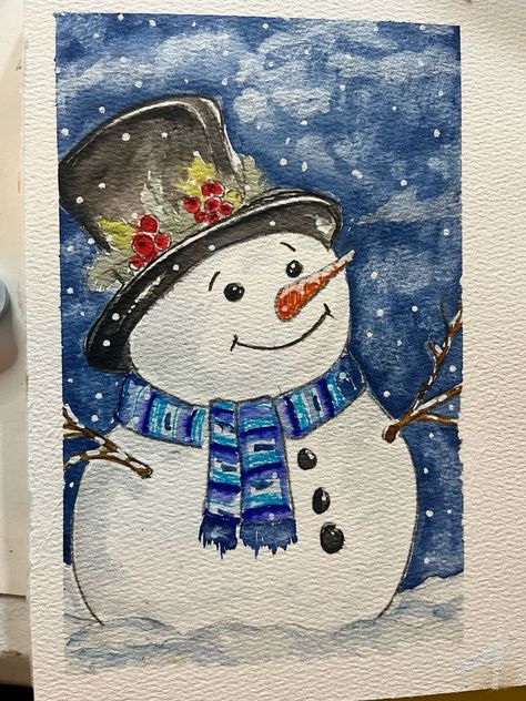 Snow Man Painting, Watercolour Snowman, Snowman Acrylic Painting, Watercolor Snowmen, Funny Family Christmas Cards, Watercolor Snowman, Winter Card Ideas, Kid Drawing, Winter Greetings