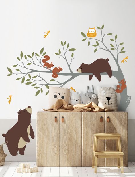 Make your walls come alive with our Bears and Branch Wall Decal! This fun and cute decal features bears, owls, and other forest friends, perfect for kids of all ages. Add a whimsical touch to your home and let your imagination run. Baby Nursery Wall Decals, Nursery Wall Painting, Owl Bear, Room Wall Painting, Brown Leaves, Baby Room Wall, Nursery Theme, Nursery Room Inspiration, Grey Fox