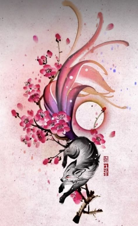 Nine Tail Fox Tattoo, Kitsune Leg Tattoo, Kitsune Sleeve Tattoo, Nine Tailed Fox Art Tattoo, Kitsune Back Tattoo, Japanese 9 Tail Fox Tattoo, Creature Creation, Tattoo Mom, Tattoo Color